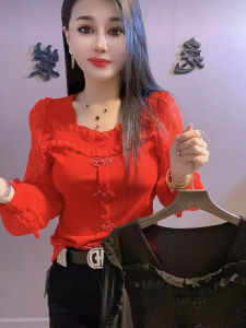 Long-Sleeved Chinese Knot Button Square Collar Retro T-shirt Womens Flying Edge Chinese Fashion Undershirt Stretch Tops New