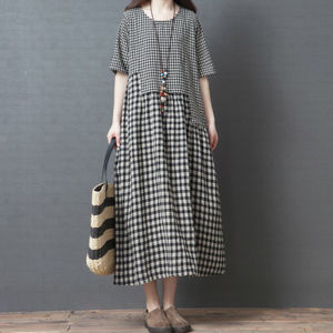 Loose Large Size Womens Plaid Cotton Linen Dress Spring Summer Slim Short Sleeve Linen Long Dress Artistic Commute Style