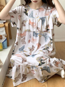 ชุดนอนผ้าไหมคอตตอนบางแขนสั้นสำหรับผู้หญิงในฤดูใบไม้ผลิและฤดูร้อน ชุดนอนผ้าไหมคอตตอนป้องกันการกระแทก ไม่ต้องใส่ชุดชั้นใน ชุดนอนผ้าไหมคอตตอนไซส์ใหญ่
