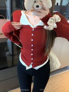 GUZILIAN | Casual Sweet Style Color Block Knitted Cardigan Womens Long Sleeve Slim Fit Top Fashionable Autumn Winter New Arrival