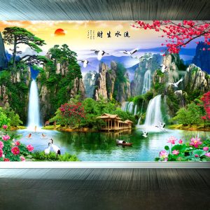 Modern Decorative Mountain Water Landscape Painting Self Adhesive Wall Sticker for Office Background Wall Living Room Decor