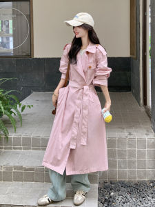 Pink Korean Style Waist Belted Long Coat Womens Autumn New Fashion Artistic Large Coat Trench Coat Style Constricting Waist