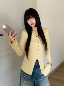 เสื้อยืดถักคอวีแขนยาวทรงเข้ารูปสำหรับผู้หญิง ทรงเข้ารูป แขนยาว ทรงเข้ารูป สีเขียว แฟชั่นฤดูใบไม้ร่วง/ฤดูหนาว