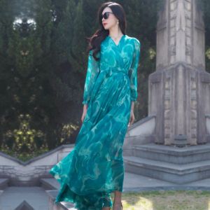 ชุดเดรสยาวคลุมเข่าสไตล์ชายหาดฤดูร้อน 2025 ชุดเดรสยาวคลุมเข่ายาวคลุมพื้นผ้าชีฟอง ชุดเดรสยาวคลุมเข่า ชุดเดรสยาวคลุมเข่า