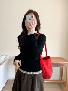 Womens round Neck Long Sleeve Knitted Shirt Lace Trim Slim Fit Base Layer Thin Versatile Bottoming Top Casual Style Spring Autumn New Arrival