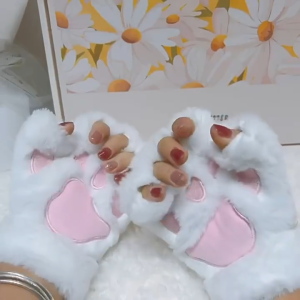 1 Pair Fashionable Cute Style Womens Winter Warm Gloves Thick Cat Paw Pattern Cold Resistant Soft Outdoor Half Finger Gloves