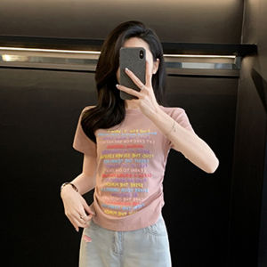 Summer New Style Womens Short Sleeve Slim Fit T-Shirt Print High Waist Distressed Half Sleeve Shirt Cotton Polyester Blend