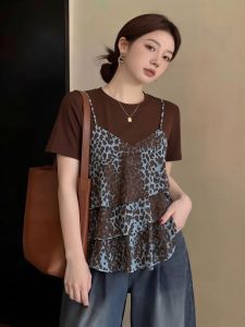AIYITI | European-style Leopard Pattern Plus-size Concealing Belly Short Sleeve T-shirt