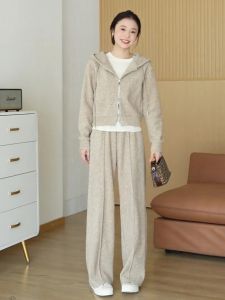 Compact Size Casual Hooded Jacket High Waist Straight Leg Pants Two Piece Set Spring Fashion Womens Clothing Ensemble