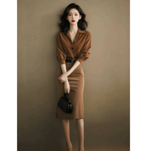 Early Autumn Elegant Wear Accessible Luxury Fancy A and a Fried Street Chic Chanel-Style Brown Shirt Skirt Suit