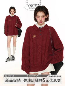 Red Knitted Twisted Sweater Womens Autumn Winter Vintage Polo Collar Pullover Knitwear for New Year 2025 Chinese Zodiac Year