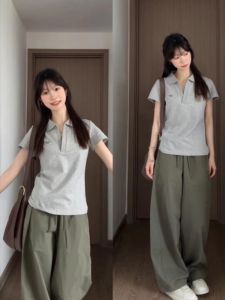 Retro American V-Neck Short Sleeve T-Shirt Womens Summer New Sweet Spicy Slimming Polo Short Shoulder Top Korean Style Commute