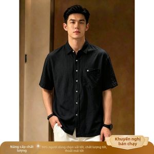 OUMULONG | Áo Sơ Mi Ngắn Tay Kẻ Sọc Thoáng Khí Từ Vải Linen