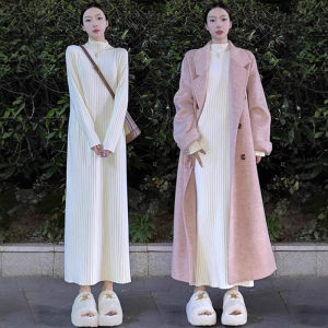 ชุดเดรสยาวสีขาวถัก เดรสผู้หญิง ฤดูใบไม้ร่วงปี 2025 ชุดเดรสยาวปานกลาง แขนยาว ทรงตรง สไตล์ลำลอง คอกลม