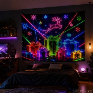 VIKAMA Neon RGB Three Gift Box Stack Starry City Bokeh Colorful Present Christmas Tapestry Bedroom Living Room Dorm Home Decor