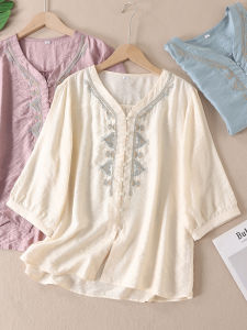 Elegant Embroidered V-Neck Silk Linen Shirt Loose Fit Slimming Seven-Quarter Sleeve Top for Women Summer Fashion Casual Wear