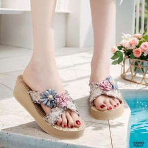 Womens Cross Thick Heel Slippers Summer Fairy Style Yunnan Dai INS Flower Outdoor Sandals Beach Shoes Comfortable Breathable