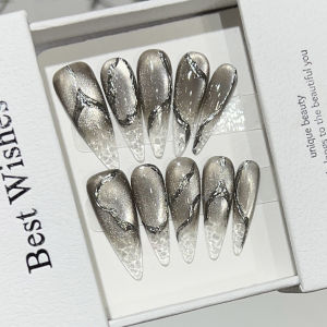 10 Móng Tay Giả Halloween Đen Kiểu Mắt Mèo Punk Dài Dán Liền Màu Bạc Có Thể Tái Sử Dụng Làm Thủ Công Bằng Nhựa Dành Cho Nữ