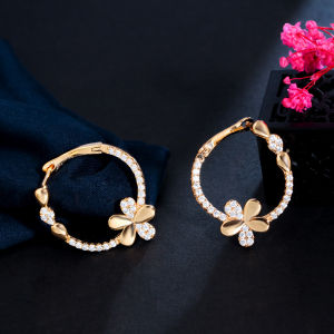 SEQUITO Delicate Yellow Gold Color Jewelry Micro Paved Shiny Bling AAAAA Zirconia Crystal Hoop Earrings with Flower Women Clothing Accessories SE862
