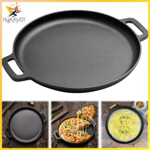Cast Iron Pizza Pan with Dual Handles Non-Stick Round Griddle For Crepes And Pizza BBQ Camping Fry Pan Pancake Pizza Pan