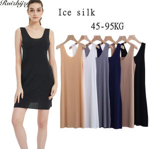 Ruizhijzg Plus Size M-5XL Ice Silk Womens T Shirts Dress Summer Ladies Girls Sleeveless Long Dress Female Tight Fitting Thin  Nightdress Inner Wear Inner Wear Tank Top Plain Color UV Neck Mid Lenght Dressess
