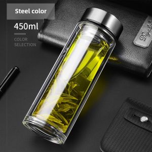 Double Layered Glass Tea Brewing Cup for Men Home Use High End Portable Transparent Explosion Proof with Lid Tea Water Separation