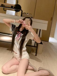 Sweet Butterfly Knot Embroidered Collar Short Sleeve T-Shirt Womens College Style Knitted Cotton Fashion Autumn Winter Top