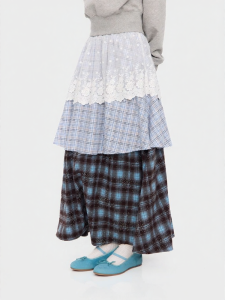 JNXS | Vintage Checked Blue Lace Panel Long Skirt