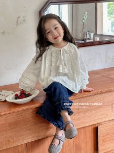 Quần Jeans Denim Ống Rộng Thời Trang Cho Bé Gái Mùa Xuân Thu Quần Dài Phong Cách Rừng Cỏ Quần Dài Thường Ngày Cho Bé Cưng