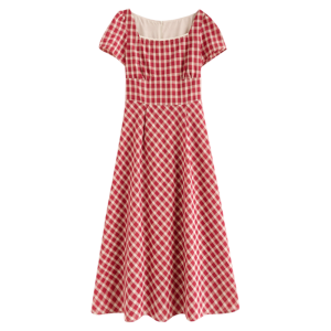 SUSIEYUAN | ชุดเดรสลายสก็อตสีแดงสไตล์ฝรั่งเศส กระโปรงทรงเอเอวสูง แขนสั้น ผ้าโพลีเอสเตอร์ 100% ฤดูร้อน 2025 ชุดเดรสผู้หญิง