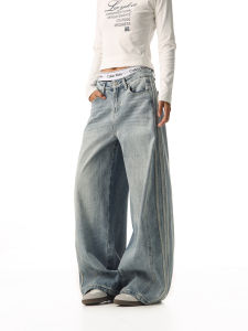 CTB Beer Captain American Retro Washed Three Stripe Jeans Women Loose Straight Leg Wide Leg Pants Vintage Style Natural Waist