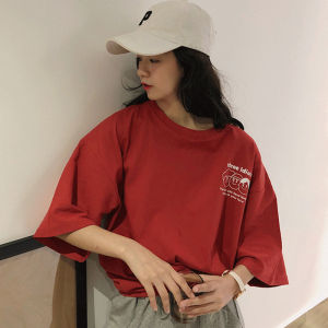 Áo Thun Tay Ngắn Rộng Rãi Phong Cách Hàn Quốc Cho Nữ Mùa Hè 2019 Áo Thun Cotton in Chữ Cổ Tròn Thường Ngày Thời Trang