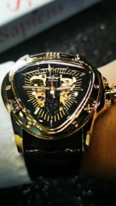 T-WINNER | WINNER Sports Gold Skeleton Automatic Watch for Men Fashion Leather Steel Strap Business Mechanical Mens Watches Top Brand Gifts