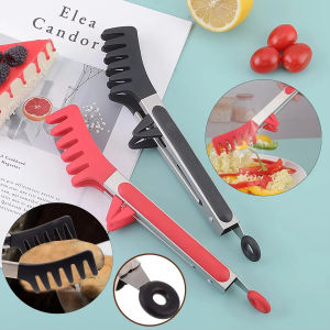 12-In Food Clip Noodle Tongs Silicone Non-Slip Serving Pasta Spaghetti Tong Stainless Steel Handle Serrated Food Clip for Noodle