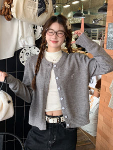 Elegant Grey Embroidered Long Sleeve Knitted Open Cardigan Womens Loose Soft Sweater Outerwear Versatile Top for Autumn Winter