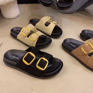 Marche Women Thick Sole Slide Sandals Faux Suede Upper Double Gold Buckle Adjustable Strap Soft Casual Slippers Fashion Sandal