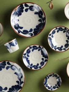 Large Size Ceramic Japanese Style Dining Utensils Set Blue Lotus Special Bowl Flourishing Plant Floral Pattern Dinnerware