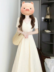 Soft Yellow V-Neck Dress Womens Summer French Waist Cinching Slimming Long Dress 2025 New Style Sweet Pure Color High Waist A-Line Skirt Cotton Polyester Fiber