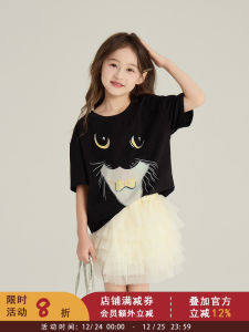 Korean Style Cartoon Cat Print Loose Fit Short Sleeve round Neck T-Shirt for Girls Summer New Arrival Versatile Childrens Top