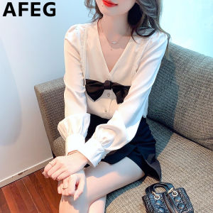 AFEG solid color Korean version V-neck bow fashion loose all-match temperament chiffon long-sleeved blouse for women