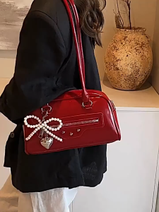 Solid Color Leather Shoulder Bag Large Capacity Tote Bag Retro Fashion Handbag Woman With Pearl String Pendant