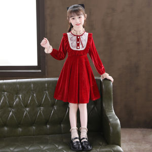 Girls Winter Fashionable Fleece Lined Dress New Year Dress Princess Style Long Sleeve Skirt for Children Ages 3-14