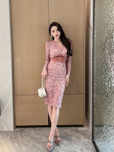 Pink Lace Slim Fit V-Neck Dress Womens Fashion Elegant High Waist Long Skirt Korean Style Commute Zipper Chain Pleated Skirt