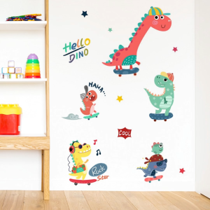 Decal giấy dán tường trẻ em khủng long trượt ván có keo sẵn-Trang trí phòng ngủ góc giải trí cho bé