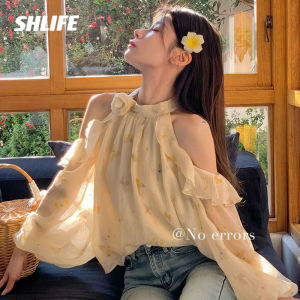 SHLIFE Chiffon Shirt Three-dimensional Flower Long Sleeve Womens Summer Loose Ruffled Edge Off Shoulder Hanging Neck Sun Protection Top