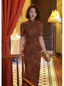 SHANGSHA | New Chinese Style Retro Qipao Elegant Lady Brown Mandarin Collar Print Dress