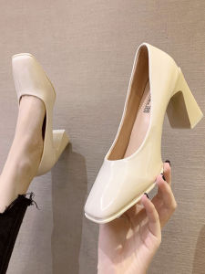Retro Square Head High Heels Shoes for Women Spring Autumn New Style Chunky Heel Patent Leather Fairy Shoes to Match Skirts