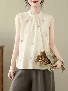 Elegant Embroidered Flax Sleeveless Vest Womens Summer Slimming Outerwear Cotton Linen Base Shirt Top Inner Match