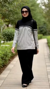 Baju Wanita Lengan Panjang Korean Style Kombinasi Salur Bahan Katun Combed