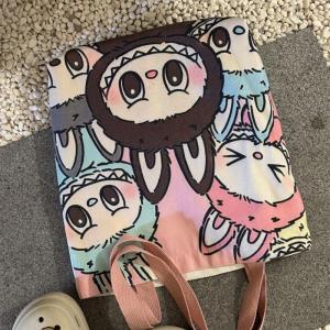 Large Capacity Canvas Tote Bag Shopping Bag Commuter Single Shoulder Bag Womens Bag Labubu Cartoon Design Youthful Style